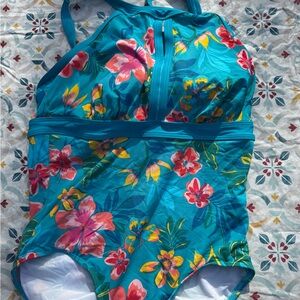 Lands' End Teal Floral Kids Swim One Piece 14DD